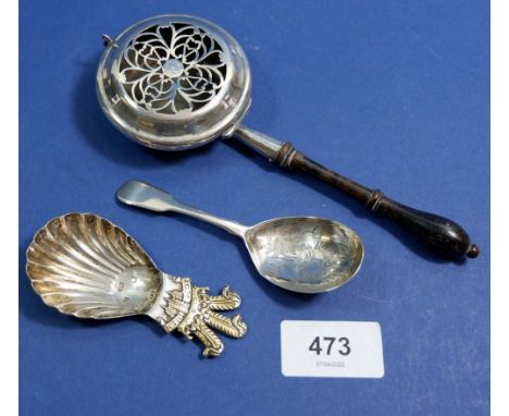 A silver shell bowl caddy spoon with gilt feather handle Sheffield 1981 by Roberts &amp; Belk , a bright cut caddy spoon Lond