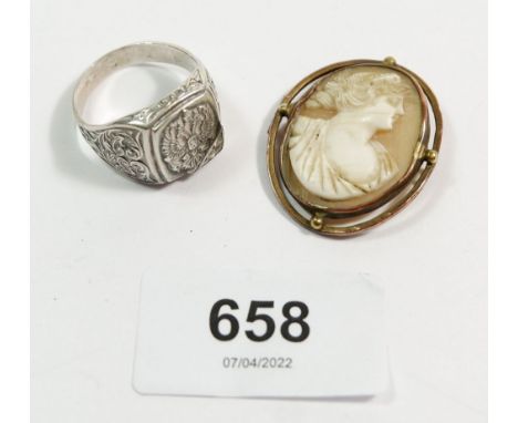 A Victorian yellow metal cameo brooch (pin a/f) and a gents white metal ring with Imperial eagle motif 