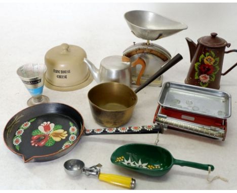 A box of kitchenalia including vintage scales 