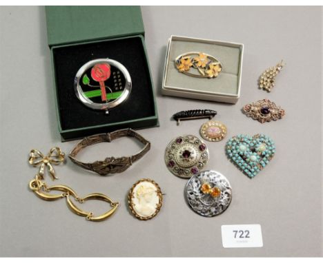 Various costume brooches, compact etc. including silver niello siamese bracelet 