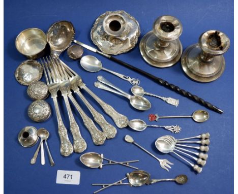 A box of scrap silver approx. 500g weighable silver plus a punch ladle a/f and three candlesticks etc. 