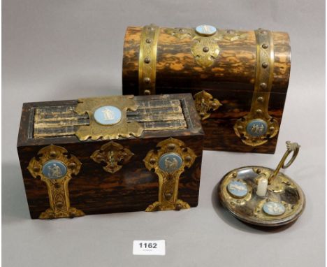 A Victorian coromandel correspondence set comprising dome top correspondence box, a 'households records' book box and a taper