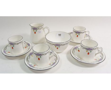 A Shelley Art Deco coffee set with pendant lantern decoration comprising: four cups and saucers, sugar (with hairline) and mi