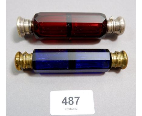 A Victorian blue glass double ended scent bottle and a similar ruby glass one, 10cm 