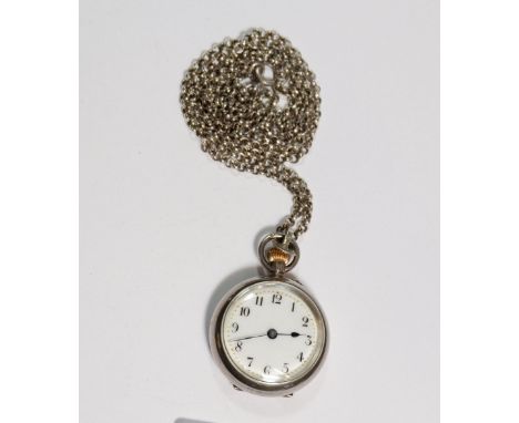 A silver ladies fob watch with Art Nouveau enamel decoration and silver chain 