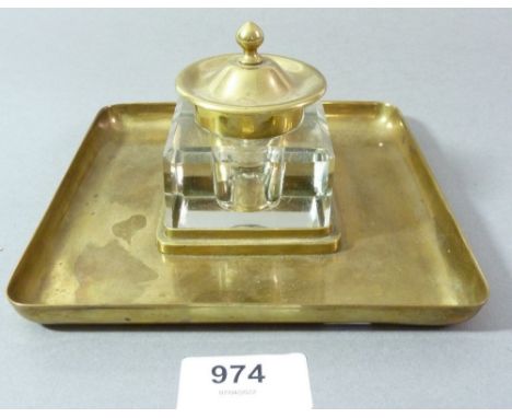 A brass and glass inkwell, 16cm square