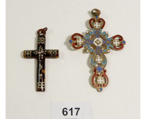 A gilt metal and enamel crucifix, 8.2cm and a tortoiseshell one inlaid mother of pearl and metal