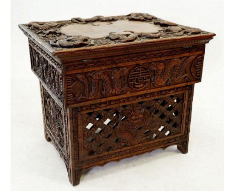 A 19th century Chinese carved wood portable desk or scroll table with dragon decoration and pierced folding base (now fixed) 