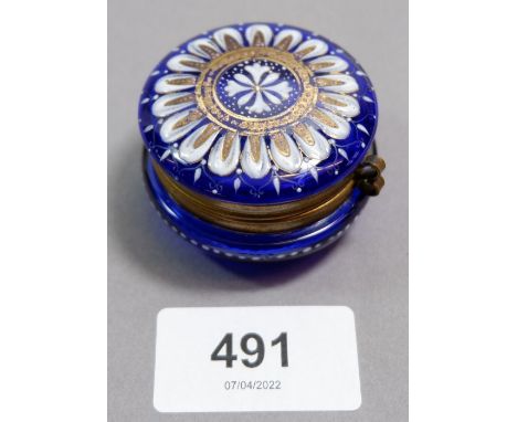 A Victorian blue glass pill box with enamel and gilt painted lid, 4.5cm 