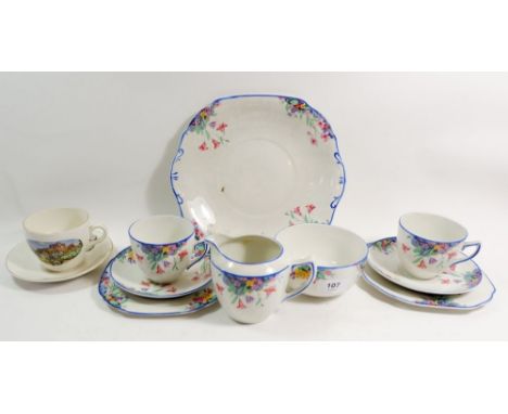 A Hanley vintage tea service with floral decoration comprising: six cups and saucers, five tea plates, cake plate, milk and s