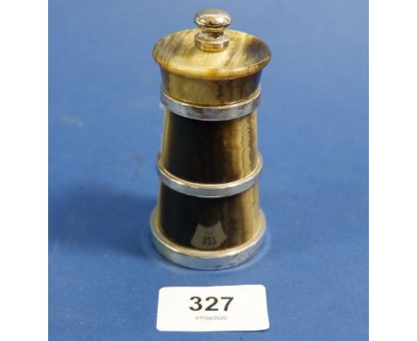 A silver mounted horn salt mill grinder, 9cm, London 1997