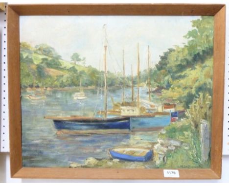 V M Saltmarsh - oil on board, estuary scene with boats, 39 x 49cm 