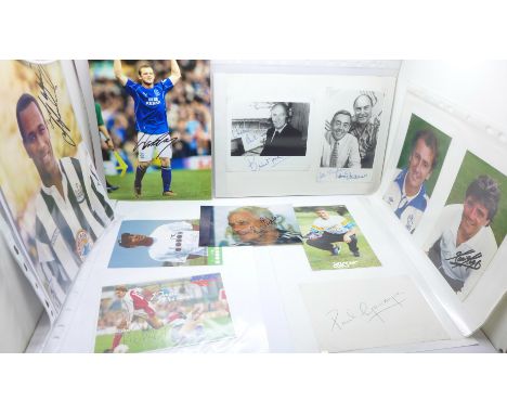 Football autographs (in folder) including Jimmy Greaves, Brian Moore, Ian Wright, Bobby Robson, Emlyn Hughes, Wayne Rooney, P