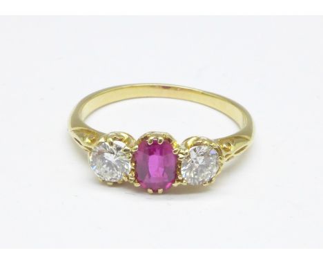 A yellow metal, ruby and diamond ring, 2.9g, P 