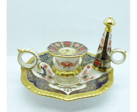 A Royal Crown Derby Old Imari pattern candlestick and snuffer, boxed 