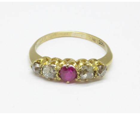 An 18ct gold, ruby and diamond ring, 2.2g, M 