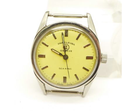 A stainless steel Favre-Leuba Geneve Sea-King manual wind wristwatch head, 29mm case 