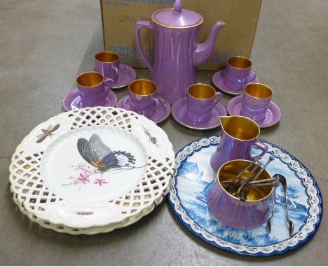 A Carlton Ware six setting lustre coffee service, two butterfly themed plates, six plated coffee spoons, a pair of sugar bows