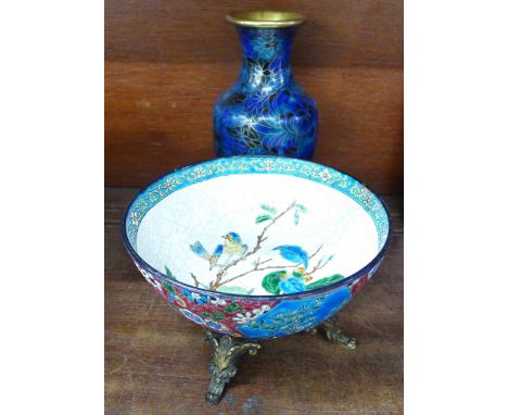 A cloisonne vase and a Cantonese enamel bowl, restored, vase a/f (2) 