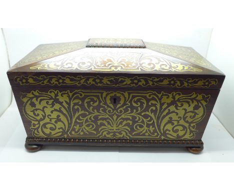 A Regency rosewood tea caddy with brass inlay, c.1820 