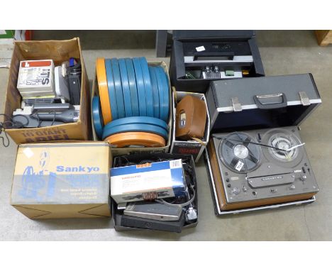 A Sankyo Dualux 1000 projector, a Eumig Mark 502D player, a Tandberg reel to reel player, cased, an Elmo projector, plus reel