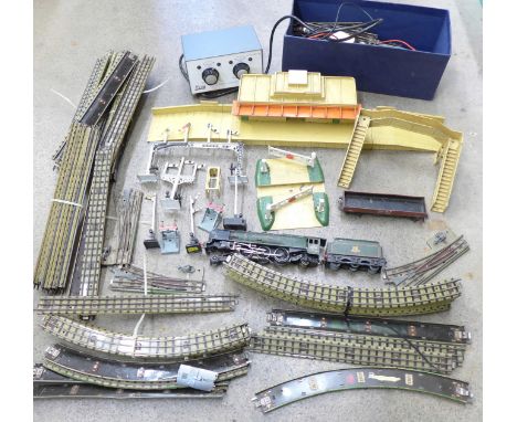 Hornby Dublo train accessories including a station, signals, level crossing, Duchess of Montrose steam engine, loose track an