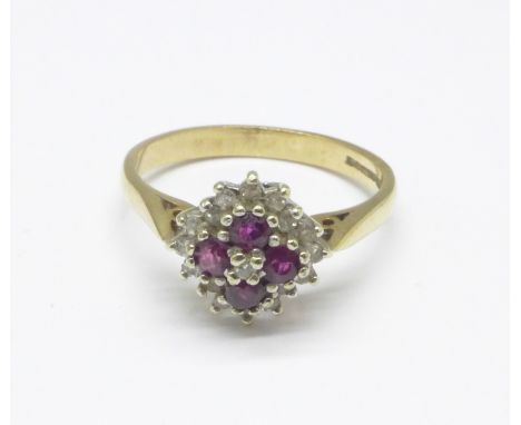 A 9ct gold, ruby and diamond cluster ring, 2.4g, M 