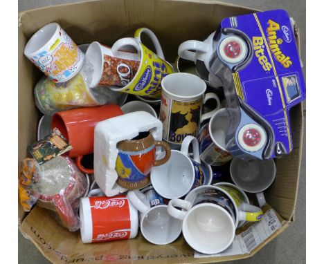 A collection of novelty and advertising mugs including Bovril, The Magic Roundabout, Dalek, etc. **PLEASE NOTE THIS LOT IS NO