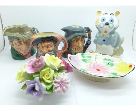 Three Royal Doulton character jugs, a Walt Disney figure, posy ornament and an Arthur Wood soap dish 