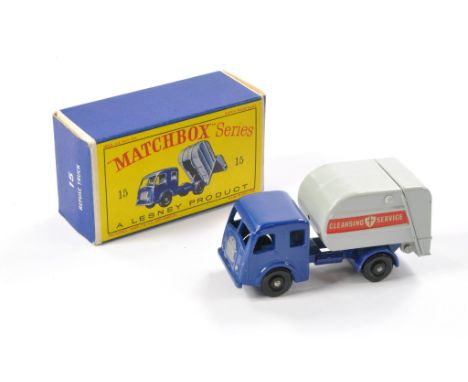 Matchbox Regular Wheels comprising No. 15c Refuse Truck. Blue and Grey with black plastic wheels, vent in container. Excellen