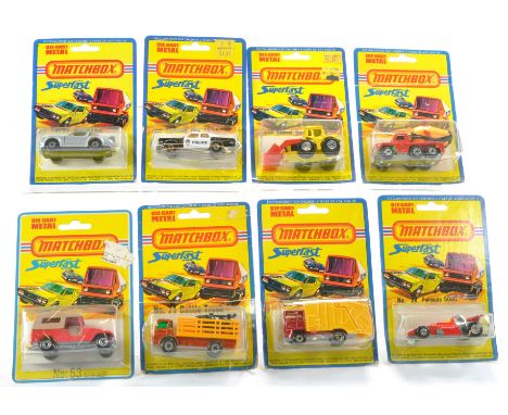 Matchbox Superfast US Export Blister Packs comprising No. 10 Plymouth Fury Police car, No. 71 Cattle Truck, No. 36 Refuse Tru