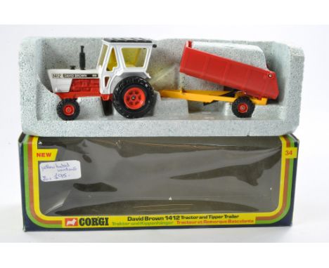 Corgi No. 34 David Brown 1412 Tractor with Tipper trailer. Yellow Tinted Windows. Excellent with no obvious sign of wear in e