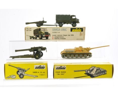 Solido Military trio comprising 105mm Canon, Char Ruse SU100 and Simca and Gun combination set. Look to be without notable fa