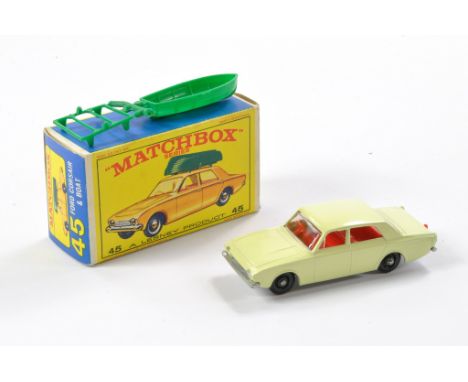 Matchbox Regular Wheels comprising No. 45b Ford Corsair &amp; Boat. Pale yellow with red interior, unpainted base, black plas