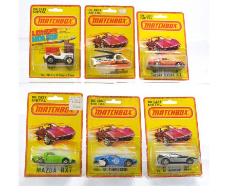 Matchbox Superfast US Export Blister Packs (inc some HK variants) comprising Toyota Celica, 4x4 Desert Dawg, Helicopter Midni