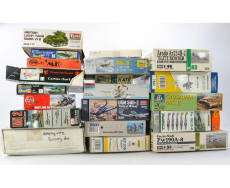 A Group of 20 plastic model kits comprising Academy USN SBD-2, Classic Airframes Curtiss Hawk II, Vulcan British Light Tank M