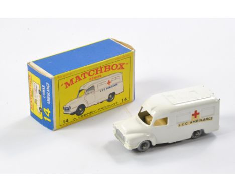 Matchbox Regular Wheels comprising No. 14c Bedford Lomas Ambulance. White Body with silver plastic wheels, cream interior, si