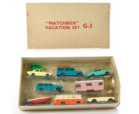 Matchbox Regular Wheels no. G3 Mailaway Vacation Set comprising 12c Land Rover Safari , 23d Trailer Caravan, 27d Mercedes 230