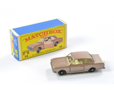 Matchbox Regular Wheels comprising No. 25d Ford Cortina. Metallic brown with ivory interior, black plastic wheels. Generally 