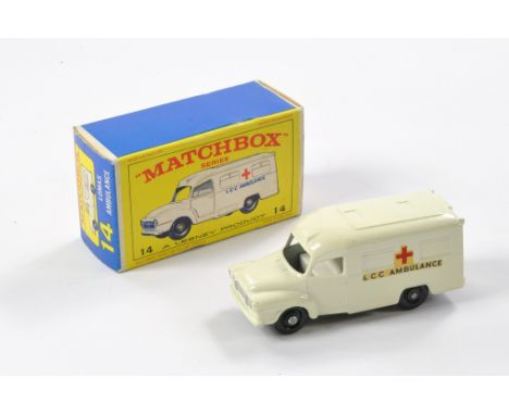 Matchbox Regular Wheels comprising No. 14c Bedford Lomas Ambulance. Off White Body with black plastic wheels, silver trim. Ge