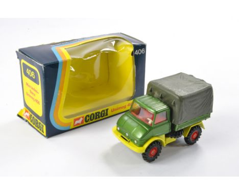 Corgi No. 406 Mercedes Benz Unimog 406. Metallic green and yellow, red interior. Excellent with no obvious sign of wear in go