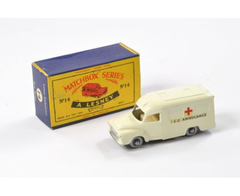 Matchbox Regular Wheels comprising No. 14c Bedford Lomas Ambulance. Off White Body with silver plastic wheels, silver trim. G