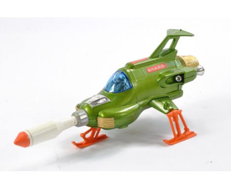 Dinky No. 351 UFO Shado Interceptor. Green body, chrome interior with light blue windscreen. Orange legs, gold thruster. Gene