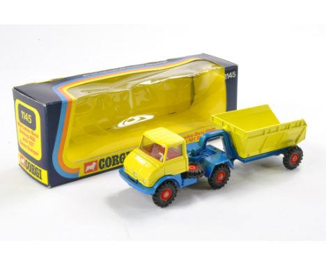 Corgi No. 1145 Mercedes Benz Unimog 406 with 10T Goose Dumper. Yellow and blue, red interior. Red hubs. Excellent very minor 