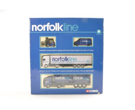 Corgi Model Truck Set Issue comprising No.TY99143 Scania Skeletal Trailer, DAF'95 Box Trailer, Transit Van and Fork Lift Truc