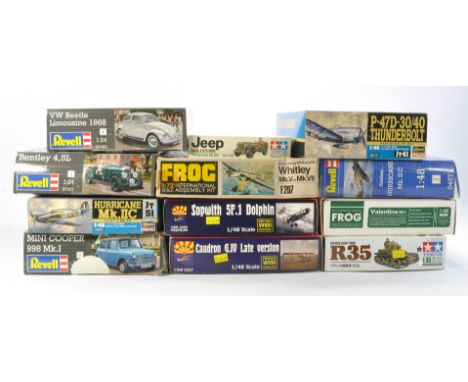A Group of 12 Plastic Model Kits comprising Revell Mini Ceeper 998 Mk.I, Revell VW Beetle Limousine 1968, Tamiya Jeep Willys 