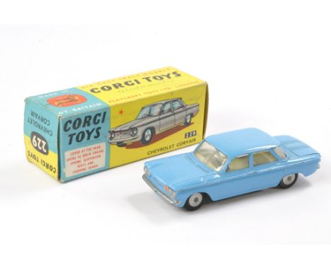 Corgi No. 229 Chevrolet Corvair. Blue with white interior. Very good to excellent with minor specks and rubs in good to very 