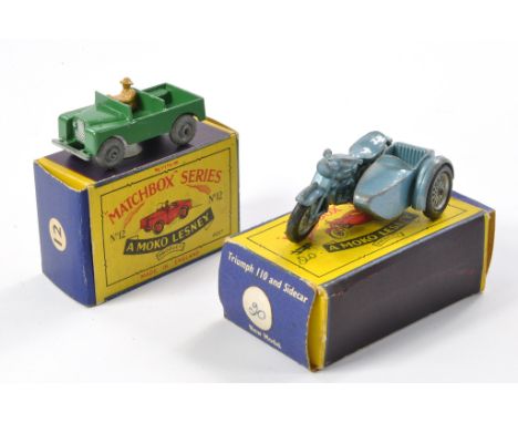 Matchbox Regular Wheels comprising No. 4c Triumph Motorcycle and sidecar plus No. 12a Land Rover. Generally good and very goo