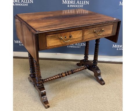 A 19th Century rosewood sofa table of small proportions, the plain top with two drop leaves and reeded edge over two frieze d