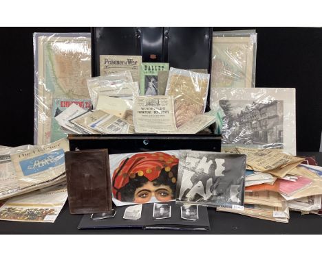 A tin deed box, containing various ephemera, including early 20th century photograph album / scrapbook, letters of correspond